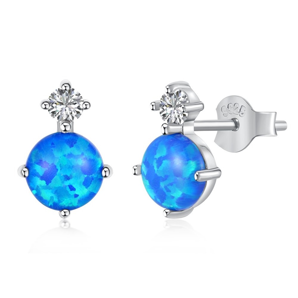 Dylam Trendy Fasion Blue Opal Beaded Earrings for Women 925 Sterling Silver Diamond CZ cubic zirconia Stud Earring Jewelry