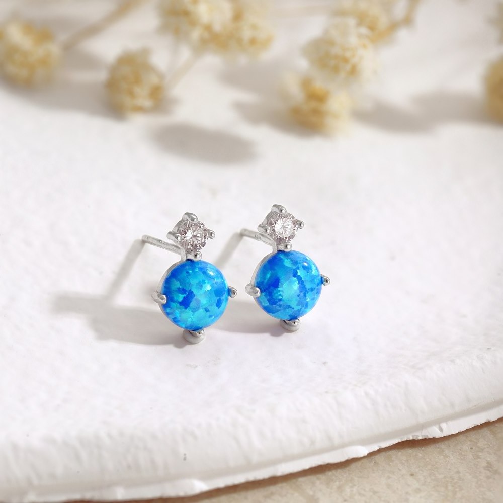 Dylam Trendy Fasion Blue Opal Beaded Earrings for Women 925 Sterling Silver Diamond CZ cubic zirconia Stud Earring Jewelry