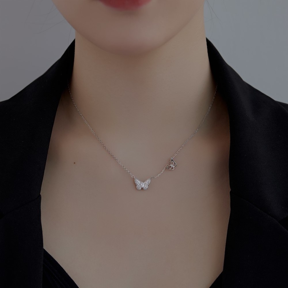 Factory 925 Sterling Silver Necklace Cubic Zircon 18K Gold Plated Jewelry Delicate Double Butterfly Pendent Necklaces For Women