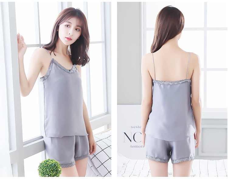 N012 Woman V Neck Sling Sleeveless Sexy Shirt Lace Top Blouse Shorts Outfit Sleepwear Nightie Pijamas Feminino Sexy Night Wear