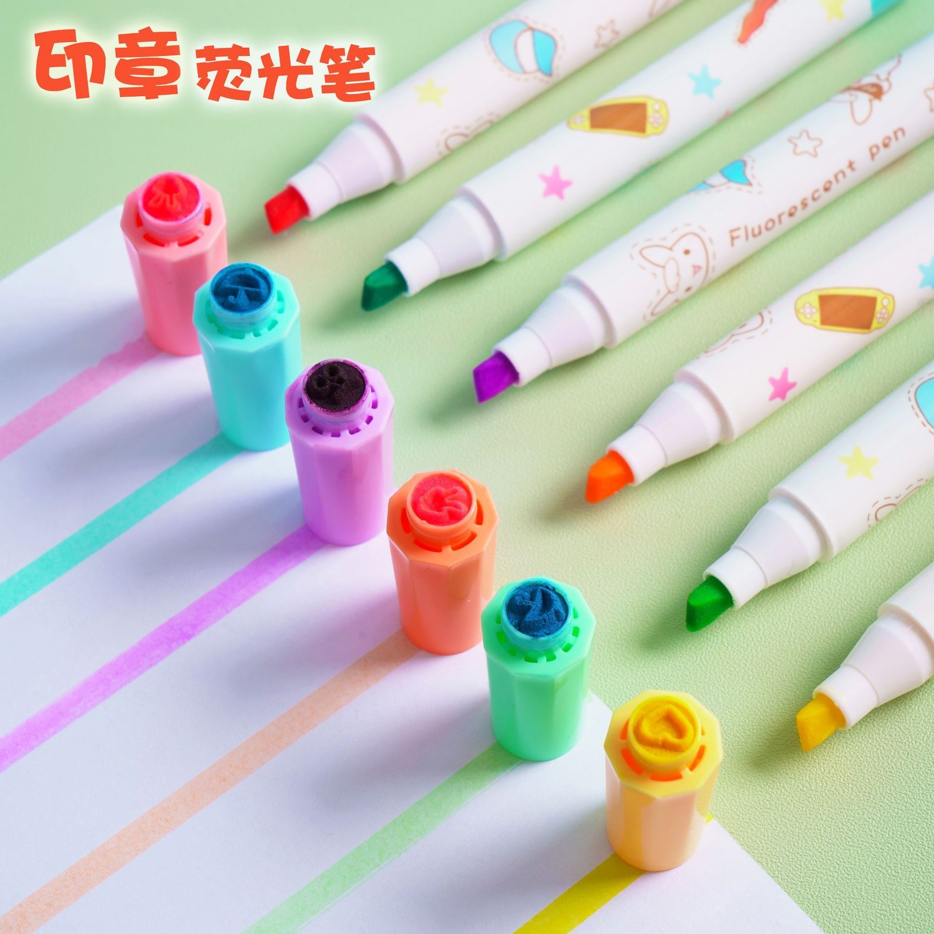 Seal Fluorescent Pen Set Diy Small Gift Office Supplies Hook Line Pen Crayons for Graffiti Plastic Pp Box 1 Box 6 Pcs/6 Colors