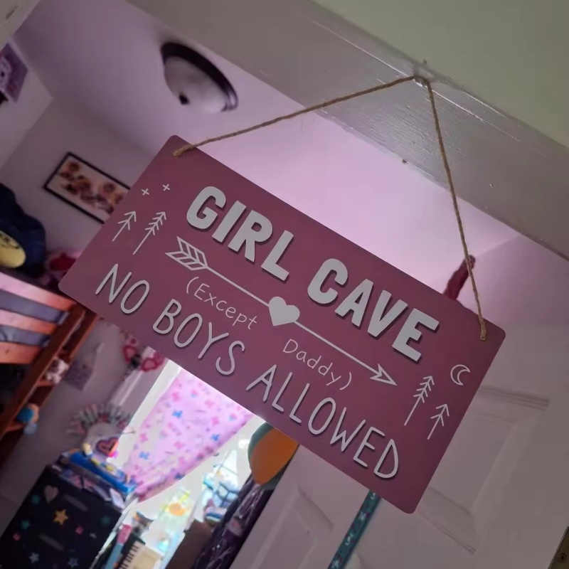 Y057 12*6 inch MDF Room Hanging for Kids No Boys Allowed Bedroom Door HangerGirls Pink Cave Sign