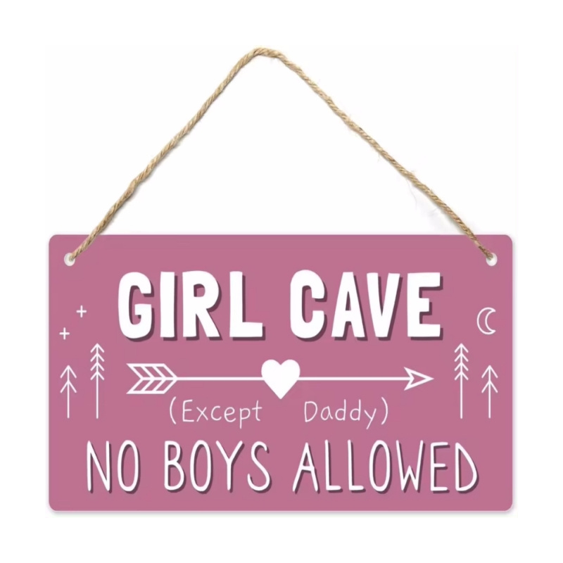 Y057 12*6 inch MDF Room Hanging for Kids No Boys Allowed Bedroom Door HangerGirls Pink Cave Sign