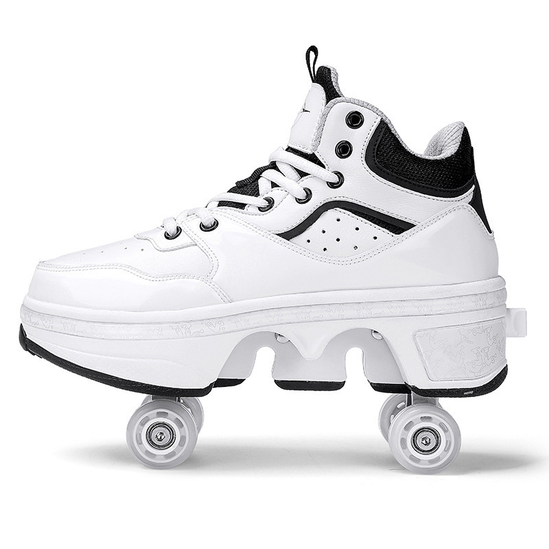 White Black Roller Skate Runners Shoes Kids Kick Out Wheeled Shoes LED Light Children Roller Skate Shoes With Wheels