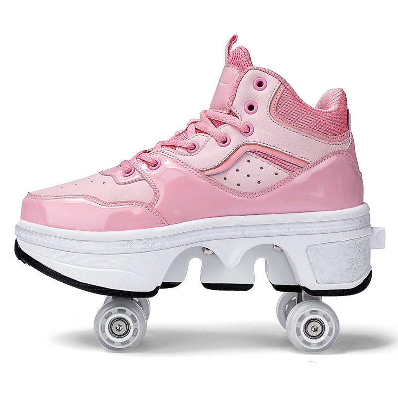 White Black Roller Skate Runners Shoes Kids Kick Out Wheeled Shoes LED Light Children Roller Skate Shoes With Wheels