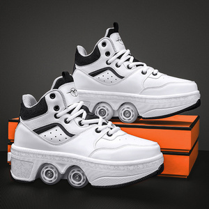 White Black Roller Skate Runners Shoes Kids Kick Out Wheeled Shoes LED Light Children Roller Skate Shoes With Wheels