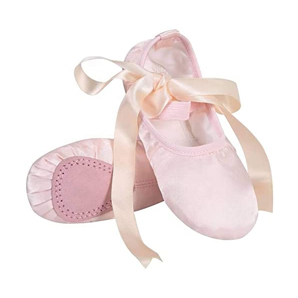 EU and US in Stock Stain Soft Ballet Dance Shoes Ballerina Shoes with Anti-slip Suede Split Sole and Pre-sewed Ribbon for Girls and Women