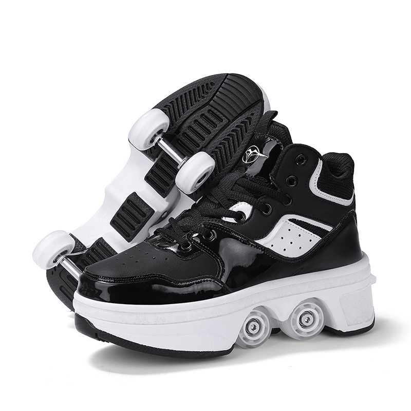 White Black Roller Skate Runners Shoes Kids Kick Out Wheeled Shoes LED Light Children Roller Skate Shoes With Wheels