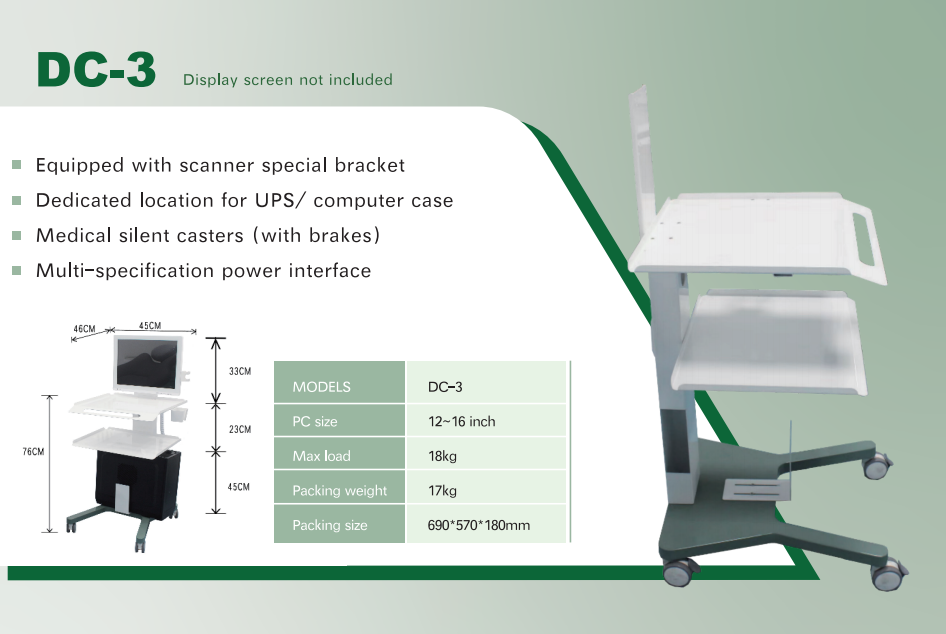 Hospital Medical Cart with Laptop Pallet and Oral Scanner Holder Office Mobile Trolley for Dental Clinic Dynamic DD300 Scanner