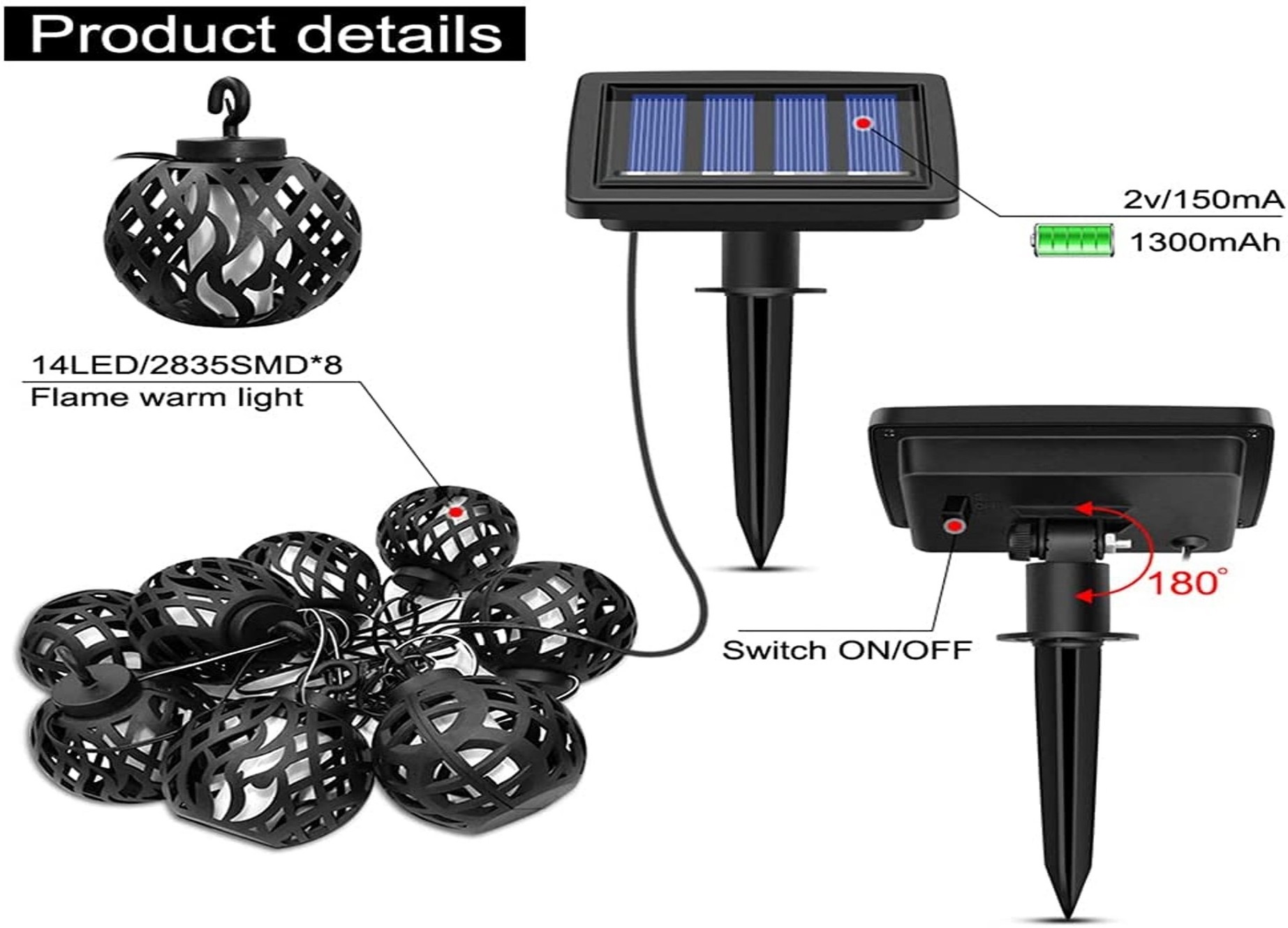 8L Solar fireball String Lights warm white Outdoor String Lights waterproof String Lights for Porch, Pergola, Backyard