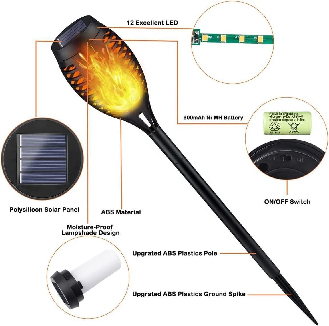 Waterproof IP44 Decoration Flickering LED Solar Outdoor Garden Pathway Dancing Fire Flame Torch Lights for Yard