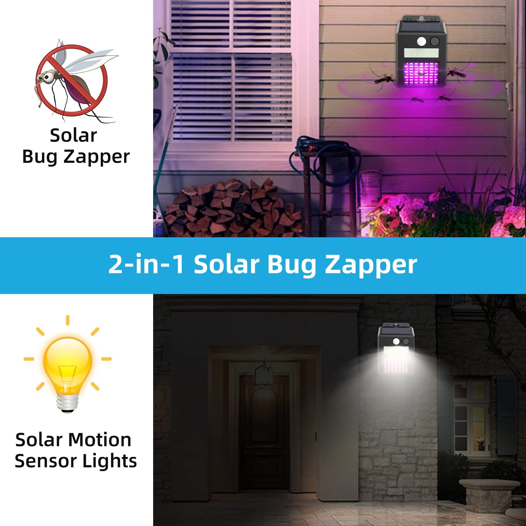 2-in-1 Solar Powered Electric Insect Killer Fly Trap Mosquito Bug Zapper Outdoor with UV Light Motion Sensor LED Lights