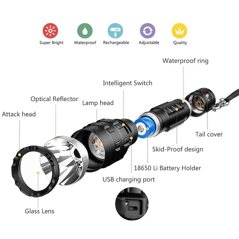 Rechargeable Heavy Duty Hunting Torch Light Long Distance LED Torch Light Long Range Flashlights