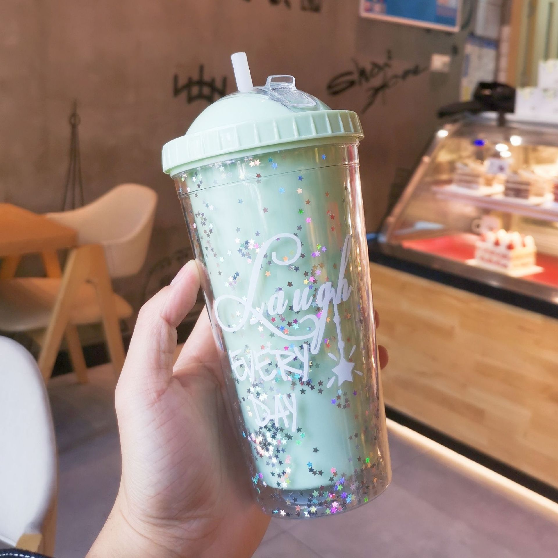 Creative rainbow plastic cup fashion large capacity women's straw cup Mori double color beads smooth drink water bottle