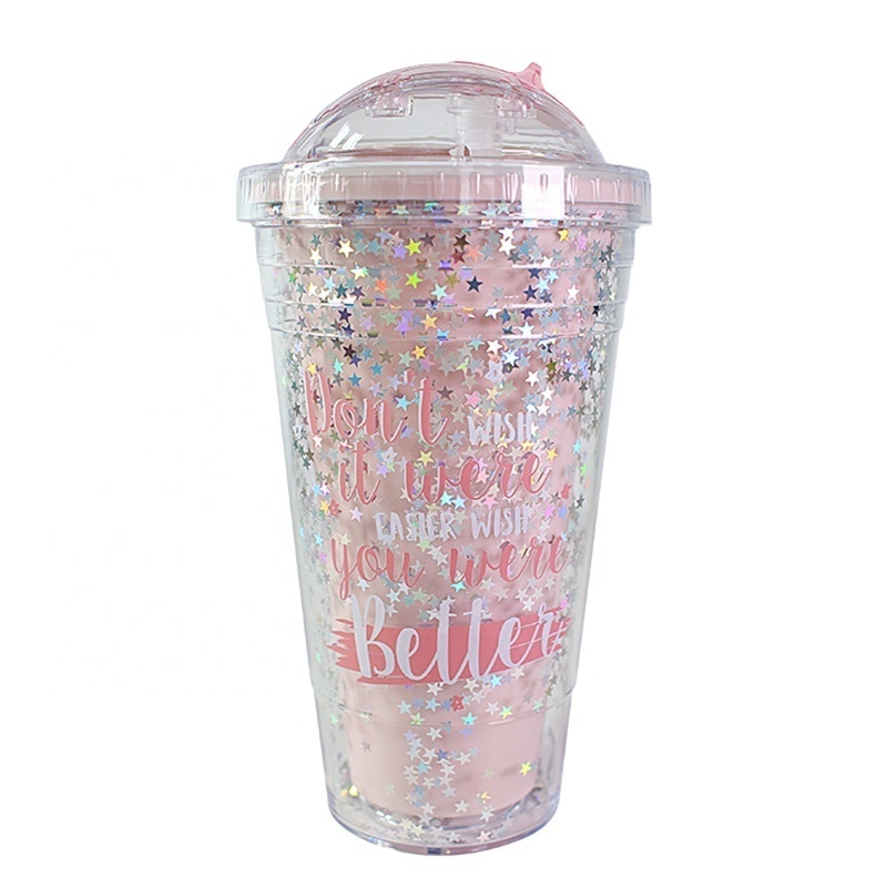 Creative rainbow plastic cup fashion large capacity women's straw cup Mori double color beads smooth drink water bottle