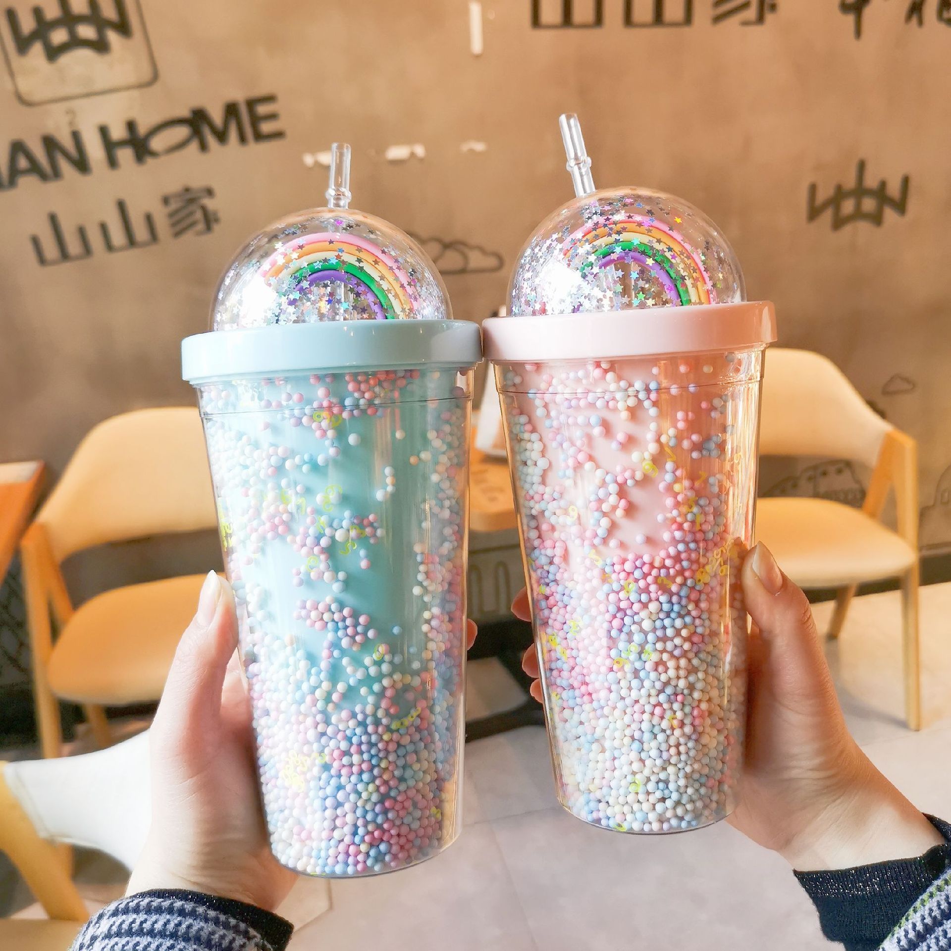 Creative rainbow plastic cup fashion large capacity women's straw cup Mori double color beads smooth drink water bottle