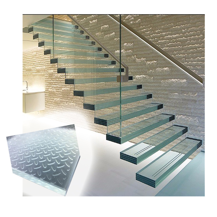 High quality anti slip low iron toughened laminated glass customized size non-slip multi layer tempered stairs glass