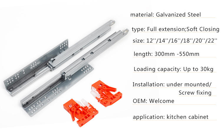 Telescopic drawer slide Zinc-plated bottom mount soft close Concealed slide undermount slides