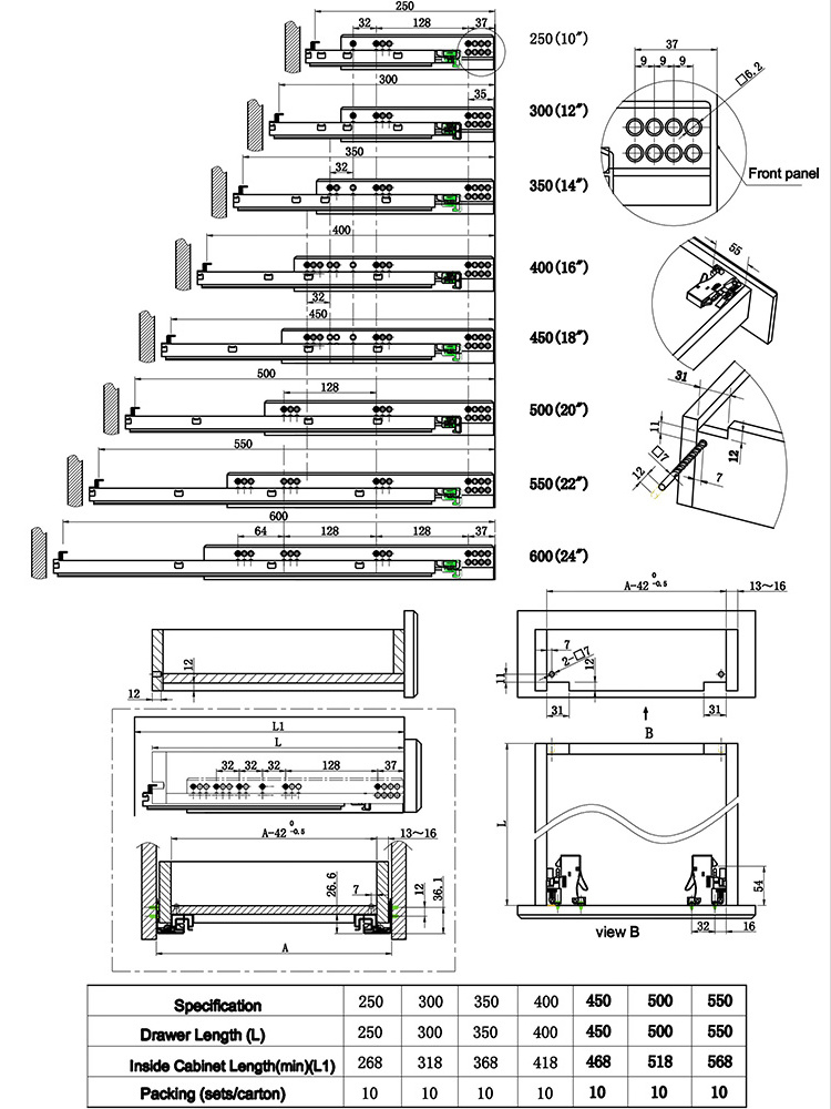 Telescopic drawer slide Zinc-plated bottom mount soft close Concealed slide undermount slides