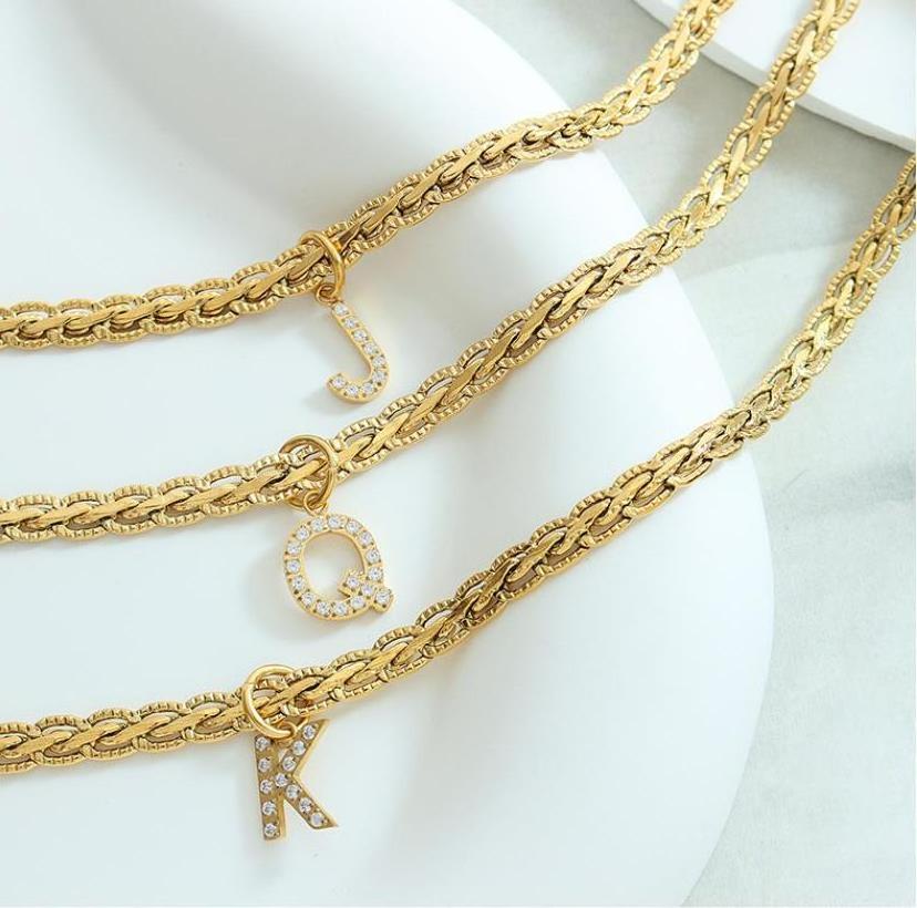 Clavicular Chain 18K Gold Plated Pendant Fine Jewelry Braided Chain Letter A-Z Stainless Steel CZ Necklace For Women Hiphop