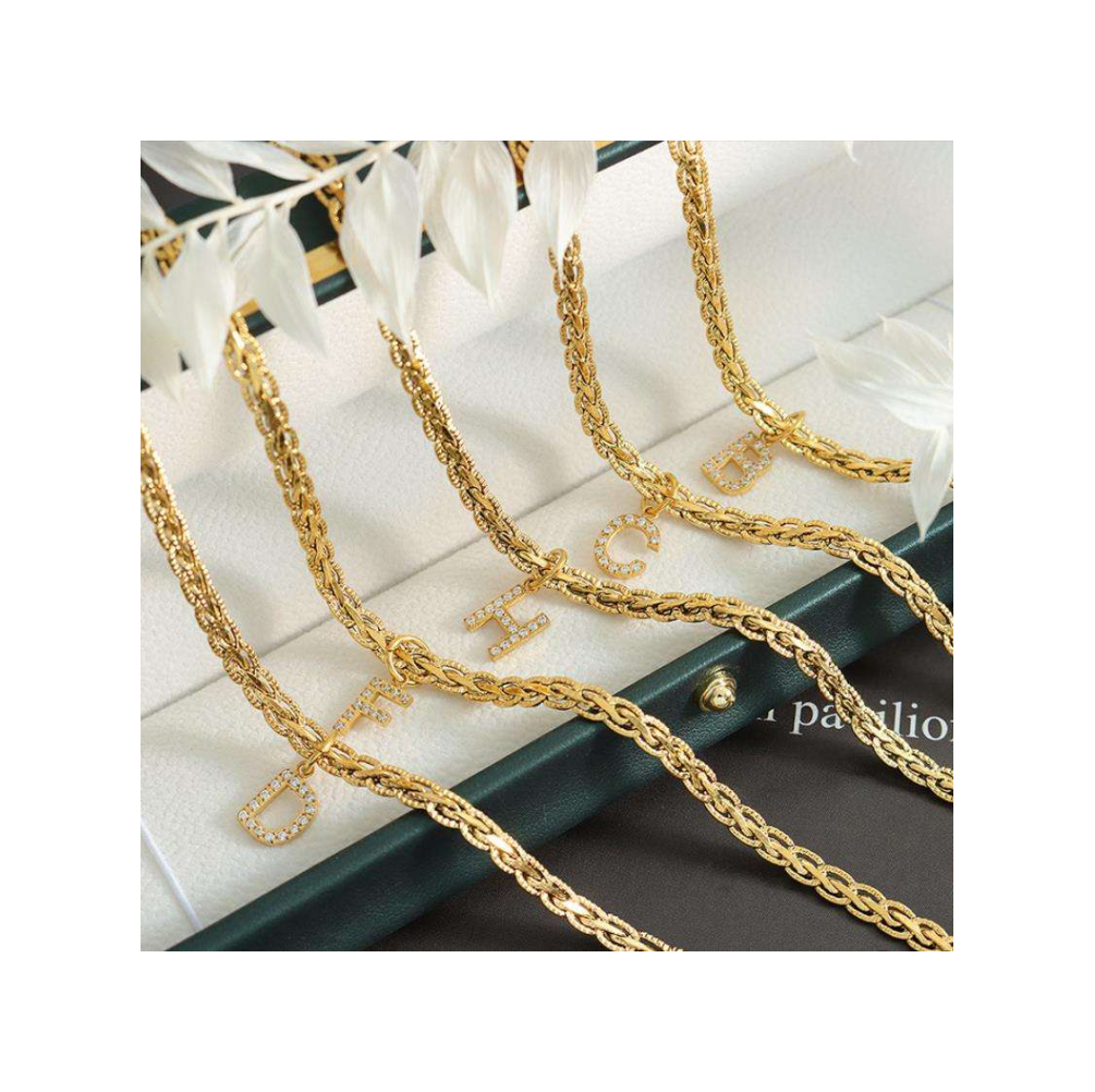 Clavicular Chain 18K Gold Plated Pendant Fine Jewelry Braided Chain Letter A-Z Stainless Steel CZ Necklace For Women Hiphop