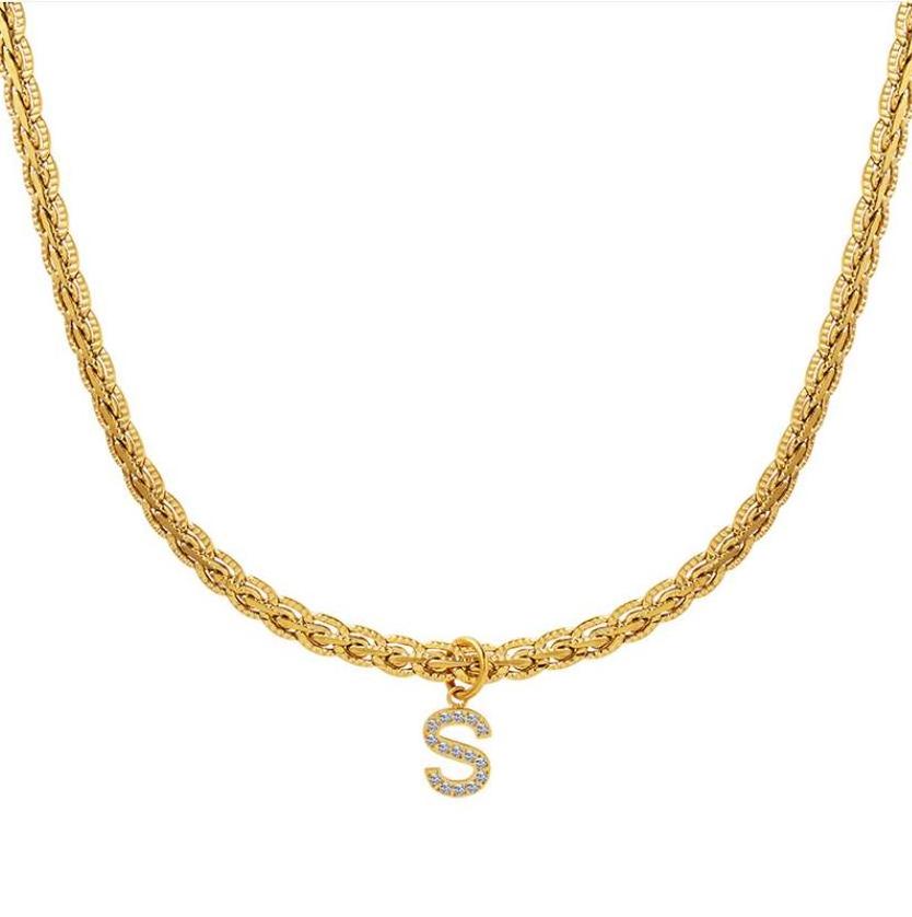 Clavicular Chain 18K Gold Plated Pendant Fine Jewelry Braided Chain Letter A-Z Stainless Steel CZ Necklace For Women Hiphop