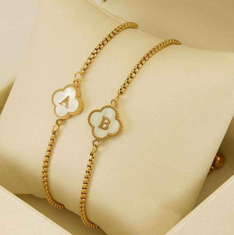 Stainless Steel Flower Bracelet women Adjustable Premium Sense All-match Four-leaf Clover Letter Bracelet Fine Jewelry