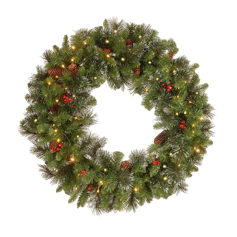 Decorated with pine cones, frosted branches 24 Inch LED Pre-Lit artificial Christmas wreath