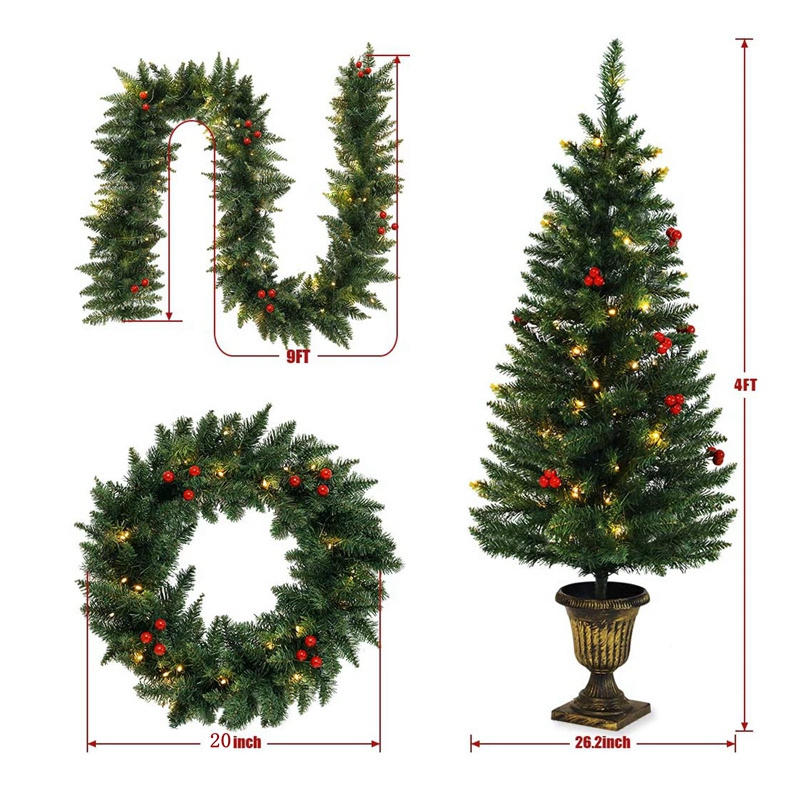 LED Pre-lit Christmas decoration 4-Piece Set 4FT Christmas tree garland wreath set