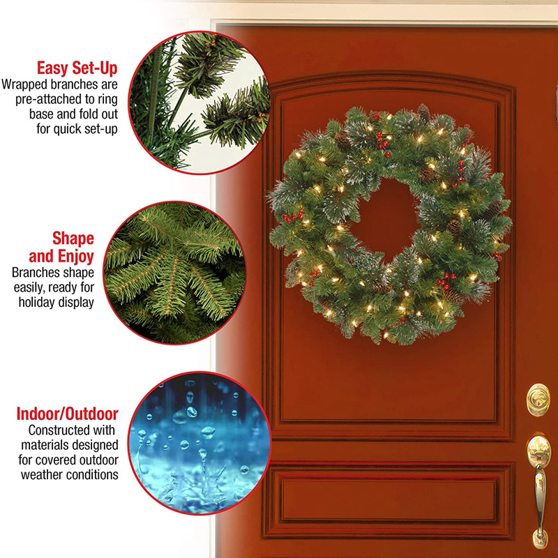 Decorated with pine cones, frosted branches 24 Inch LED Pre-Lit artificial Christmas wreath