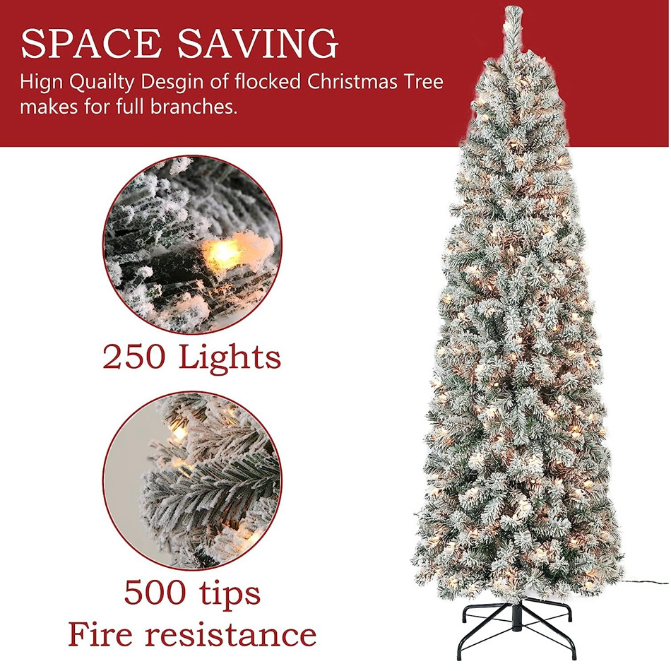 Snowy Artificial Xmas Tree 6.5 FT Snow Flocked Slim Pencil Christmas Tree with Lights