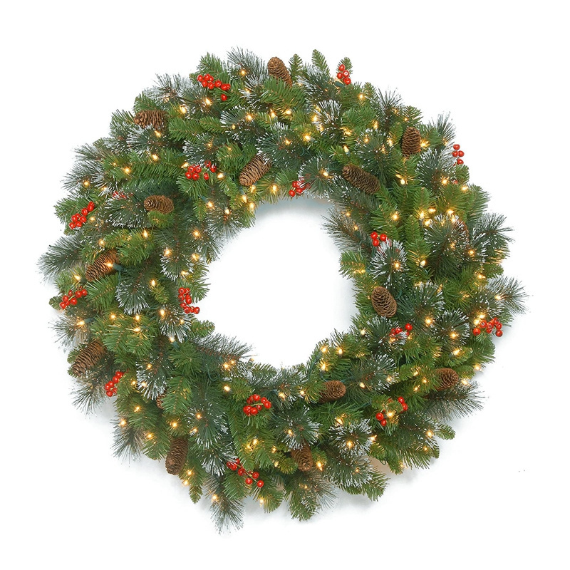 Decorated with pine cones, frosted branches 24 Inch LED Pre-Lit artificial Christmas wreath