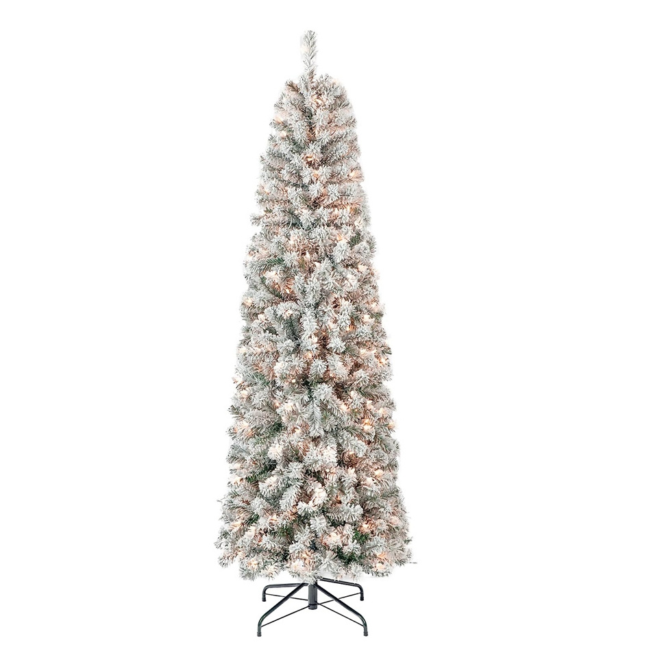 Snowy Artificial Xmas Tree 6.5 FT Snow Flocked Slim Pencil Christmas Tree with Lights