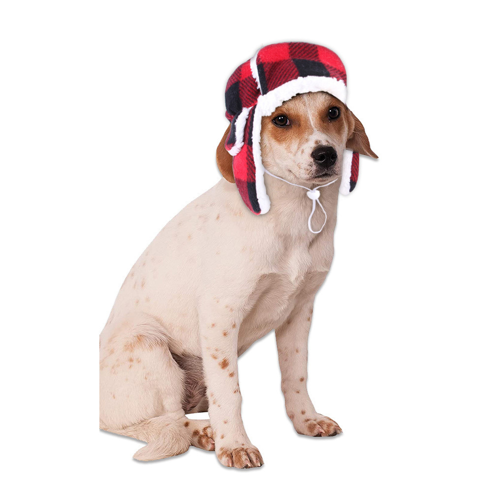 Christmas Dog Trooper Hat with Earmuffs Winter Adjustable Pet Red Plaid Pet Cap Dog Headwear Winter Pet Dog Cat Hat