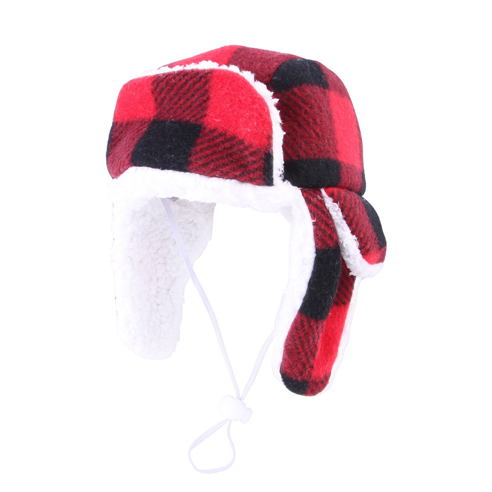 Christmas Dog Trooper Hat with Earmuffs Winter Adjustable Pet Red Plaid Pet Cap Dog Headwear Winter Pet Dog Cat Hat