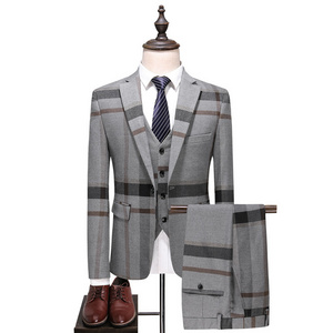 Italian Men's Suit Set Wholesale Casual Suit Three Pieces Set Slim Fit Large Checked Groom Banquet Dress