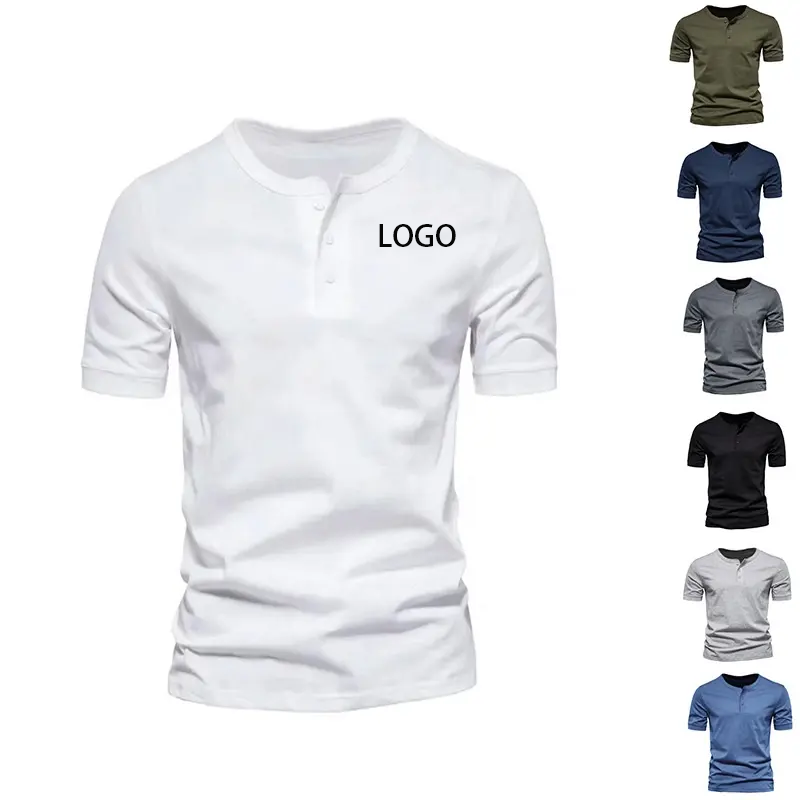 US Size Men's Round Neck Bamboo Cotton 180GSM Button Up Short Sleeved T-shirt Leisure Fit Sports Running Henley T Shirt