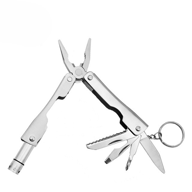 Outdoor Multi-Function Folding Pocket Pliers with LED Flashlight Metal Keychain