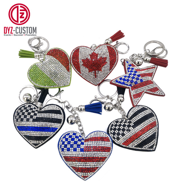 Love Heart-Shaped Mexico Flag Keychain Fashionable Car Key Chain with Bling Rhinestone Tassel Made of Metal Alloy Crystal