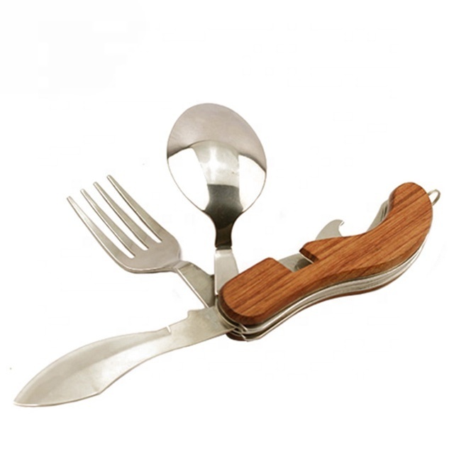 4-in-1 Folding Steel and Stainless Cutlery Set Portable Travel Tableware with Detachable Knife Fork Spoon Wooden Handle