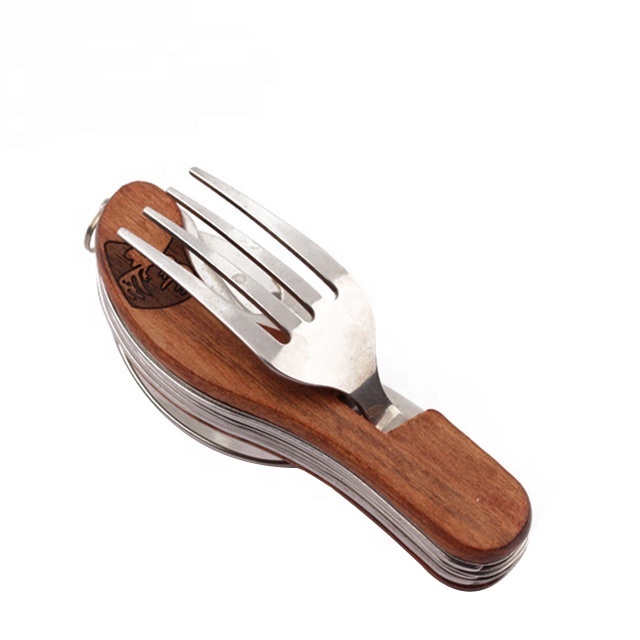 4-in-1 Folding Steel and Stainless Cutlery Set Portable Travel Tableware with Detachable Knife Fork Spoon Wooden Handle