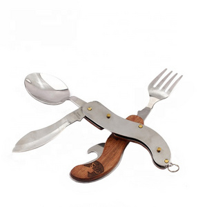 4-in-1 Folding Steel and Stainless Cutlery Set Portable Travel Tableware with Detachable Knife Fork Spoon Wooden Handle