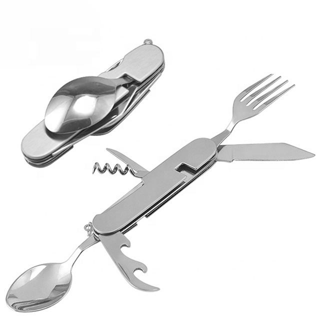 4-in-1 Folding Steel and Stainless Cutlery Set Portable Travel Tableware with Detachable Knife Fork Spoon Wooden Handle