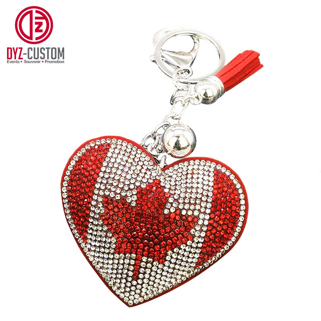 Love Heart-Shaped Mexico Flag Keychain Fashionable Car Key Chain with Bling Rhinestone Tassel Made of Metal Alloy Crystal