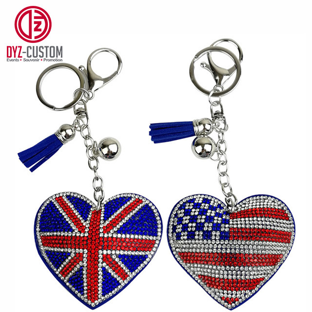 Love Heart-Shaped Mexico Flag Keychain Fashionable Car Key Chain with Bling Rhinestone Tassel Made of Metal Alloy Crystal