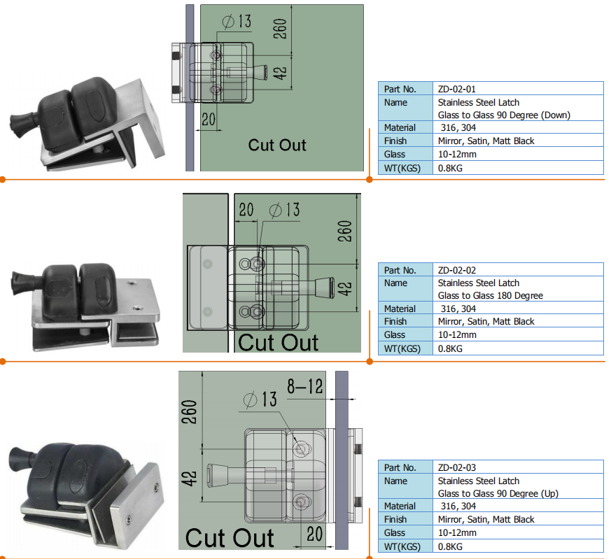 ZD Stainless Steel 304 316 Lock Fitting Glass Fencing Door Gate Latch