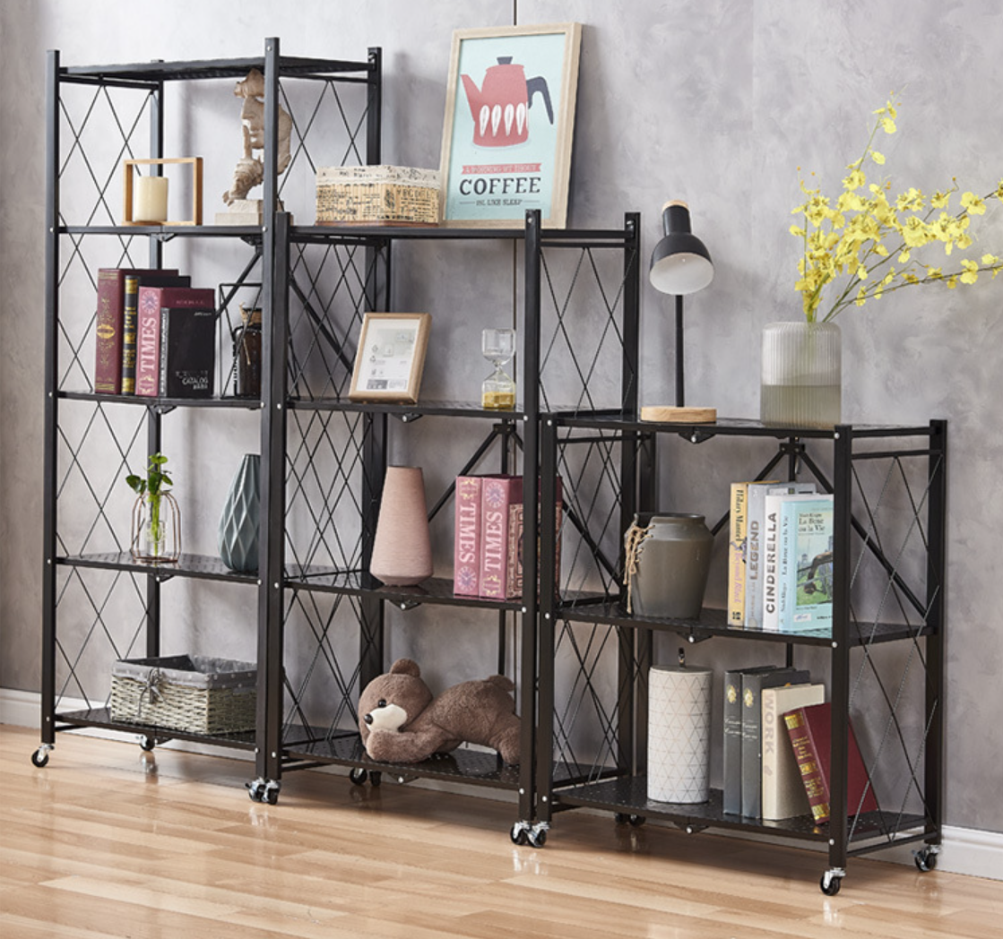 2/3/4/5 Tier Foldable Shelving Unit with Wheels, Freestanding Metal Storage Shelf Heavy Duty Standing Shelves Units