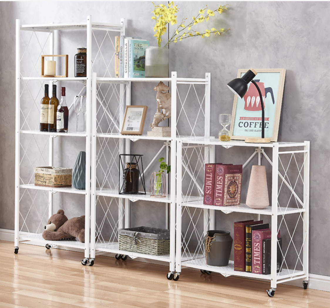 2/3/4/5 Tier Foldable Shelving Unit with Wheels, Freestanding Metal Storage Shelf Heavy Duty Standing Shelves Units