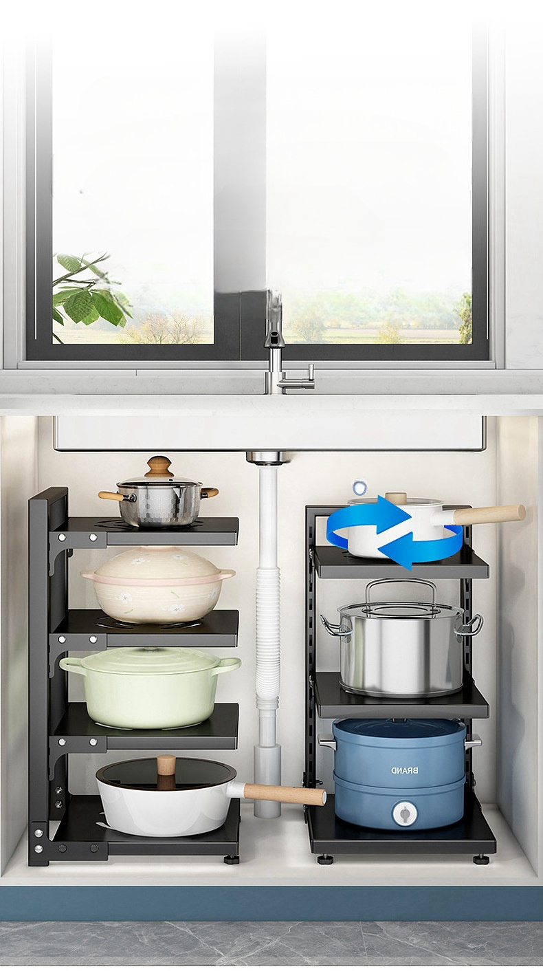 Pots and Pans Storage Rack Kitchen Shelving Under Sink Cabinets Multi-layer Adjustable Pot Holder Countertop for Side Dish Rack