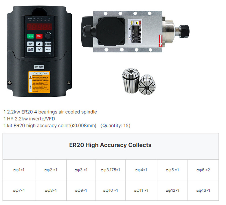 New Air Cooled Spindle Motor 220v 2.2kw ER20 4 Bearings Square 24000 RPM  With Inverter VFD Kits For CNC Milling Machine